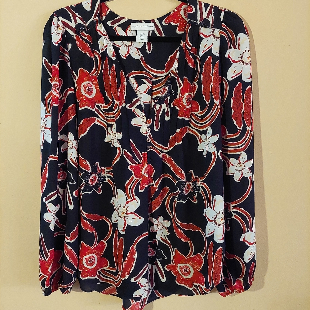 Patterned Navy Floral Peasant Blouse - Red & White
